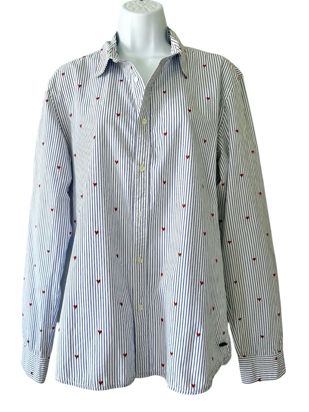 Scotch & Soda Women’s White & Navy Stripe Button Down Shirt w/Red Hearts- Large